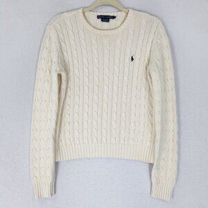 Ralph Lauren Sweater Womens Large Cream Vintage Cable Knit Small Pony Crew Neck